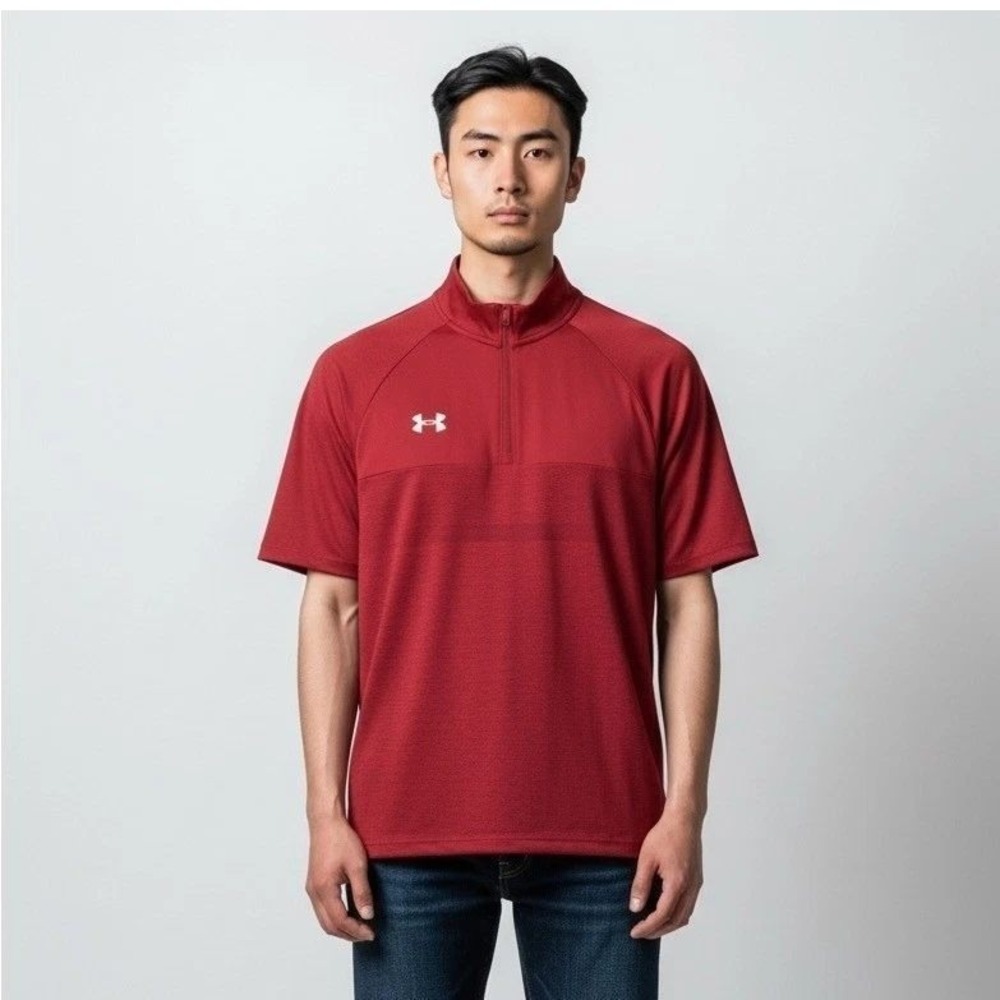 Under Armour Men's Polo Shirt Red HeatGear Quarter Zip SS Pullover Large NEW
